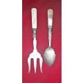 Mother of Pearl handled Bread Fork & Spoon - Fork collar has silver stamp   - as per pictures