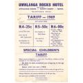 Umhlanga Rocks Hotel Tariff Card / paper 1969, condition good, see scans for details