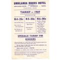 Umhlanga Rocks Hotel Tariff Card / paper 1969, condition good, see scans for details