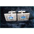 Exquisite Cut Matte Metal Cufflinks with Bright Blue Cut  Crystal inlay .