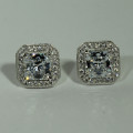 LARGE SQUARE SIM DIAMOND STUD WITH SD SURROUND | SOLID 925 STERLING SILVER | * FREE Gift Included! *