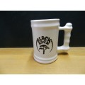 Ceramic Beer Tankard 500ml  White with black printing Black Rockand decorative handle.