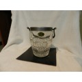 Ice bucket pressed Glass with Pewter like silver handle and rim.  Made in Italy by Decor Cristalleri
