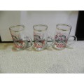 Vintage Beer Tankards. 3x glass with handle, gold rimmed, 1970s type with decal of farmer toasting