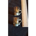 Glasses: Vintage set of 2x shot glasses with pewter base and hand painted design