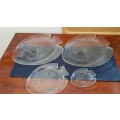 Glass Fish Design serving set. Arcoroc clear pressed glass art fish plates.