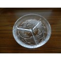 Vintage 3x division glass snack server. Decorative cut/ depressed glass with ribbed ribbon design.