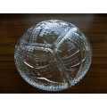 Vintage 3x division glass snack server. Decorative cut/ depressed glass with ribbed ribbon design.