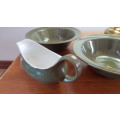 Table Serving Ware Set:   2x Porcelain Bowls green coloured, 1x Porcelain Gravy Boat