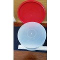 Round Plastic cake holder/server/storage container with red lid.