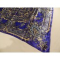 Vintage collectable Ladies scarf.  Classic satin square scarf in blue and gold, hand stitched edge.