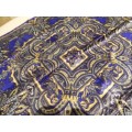 Vintage collectable Ladies scarf.  Classic satin square scarf in blue and gold, hand stitched edge.