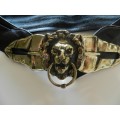 Ladies Funky belt. Black Leather belt with large lions head buckle.