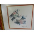 Picture Frame: Set 2x Wooden frame with Judy Rossouw prints of Parrots scene behind glass.