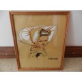 Vintage Picture: Wooden frame with ink and paint drawing of Girl in Dutch traditional costume by Gee