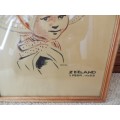 Vintage Picture: Wooden frame with ink and paint drawing of Girl in Dutch traditional costume by Gee