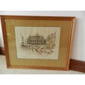 Vintage Picture: Wooden frame with ink and watercolour drawing of Place de LÓpera Paris by T. Geeven