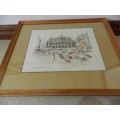 Vintage Picture: Wooden frame with ink and watercolour drawing of Place de LÓpera Paris by T. Geeven