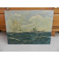 Vintage Oil on board (unframed): Maritime/Seascape with two ships by artist E Coombes dated 1952.