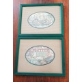 Wooden picture frames Painted green: Set of 2x frames with glass. Dutch sketch artist prints
