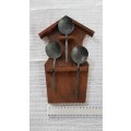 Antique Dutch Pewter spoons 18/19th Century. Wooden spoon rest of Oak with 3x hanging spoons