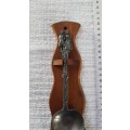 Antique Dutch Pewter wedding spoon.  18/19th Century on a wooden spoon rest.