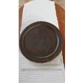 African Craft round wooden fruit bowl/platter with basket weave edge on rim.