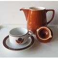 Vintage earthenware Coffee Pot with small cup and saucer. 1970s German made vintage Melitta