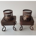 Set of 2x Metal Candle Holders/Stands. Metal painted brown with 2x small ball candles