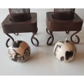 Set of 2x Metal Candle Holders/Stands. Metal painted brown with 2x small ball candles