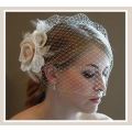 SALE!  WHITE AND PEACH BRIDAL CAGE VEIL BEAUTIFULLY CRAFTED WITH PEACH AND WHITE SATIN FLOWERS