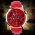CLASSIC RED GENEVA ROMAN NUMERAL ANALOG QUARTZ  WATCH WITH RED FAUX LEATHER