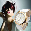 LUXURY WHITE FACE AND STRAP  GENEVA DIAL GOLD CASE WITH ROMAN NUMERALS  LADIES STUNNING WATCH