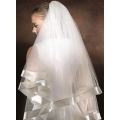 SALE!!   2 TIER IVORY WEDDING BRIDAL VEIL WITH COMB  - WIDE SATIN RIBBON BORDER/EDGING
