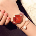 SALE! FABULOUS RED MULTI FACETED HEXAGONAL DIAL WATCH WITH DIAMANTE DETAILED RED FAUX  LEATHER STRAP