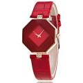 SALE! FABULOUS RED MULTI FACETED HEXAGONAL DIAL WATCH WITH DIAMANTE DETAILED RED FAUX  LEATHER STRAP