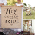 WEDDING DAY "HERE COMES THE BRIDE"  BURLAP & WHITE SATIN RIBBON SIGNS FOR DECOR