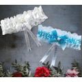 BRIDE`S  SATIN GARTER IN BLUE WITH BLUE SATIN BOW AND WHITE LACE EDGING