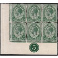 UNION 1913 KGV 1/2d ALL 4 CORNER BLOCK OF 6 PLATE 5 (SACC 2) SEE BELOW FOR HINGE MARKS