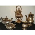 VICTORIAN-STYLED 5-PIECE TEA & COFFEE SET WITH SPIRIT KETTLE WATER WARMER - BRASS & PLATED ON BRASS