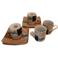 SET ESPRESSO CUPS AND SAUCERS IN WOVEN BASKET ~ BROWN & WHITE FINECASA CLASSICS