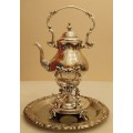 TILTING TEA POT ON STAND WITH BURNER ON TRAY ~ SILVER PLATED