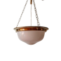 PENDANT SINGLE BULB BRASS, MILK-WHITE GLASS SHADE THREE BRASS CHAINS AND CEILING ROSE