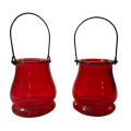 TWO RED COLOURED GLASS CANDLE HOLDER HANGING LANTERNS LAMPS
