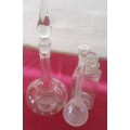 THREE UNIQUELY SHAPED  VINTAGE CLEAR GLASS CHEMIST-APOTHECARY BOTTLES WITH GLASS STOPPERS-SEE PHOTOS