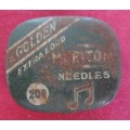 GOLDEN EXTRA LONG MERITONE GRAMOPHONE NEEDLE TIN- GREEN EMPTY HINGED TIN WITH SOME SIGNS OF RUST