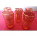STUNNING GOLD & CRANBERRY VENETIAN STYLE SET OF FIVE GLASSES WITH EMBOSSING & ETCHING