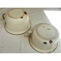 SET OF TWO VINTAGE WHITE ENAMEL POTTIES  WITH BLACK HANDLES FOR DECOR OR PLANTS