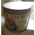VINTAGE LES ROSES ROUND CARDBOARD BOX  WITH ROPE HANDLE OR CARRIER IDEAL AS A HAT BOX- SEE PHOTOS