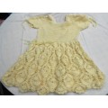 VINTAGE CROCHETED PALE YELLOW GIRLS DRESS WITH RIBBONS ON WAIST AND SLEEVES   SIZE - 5/6 YEAR